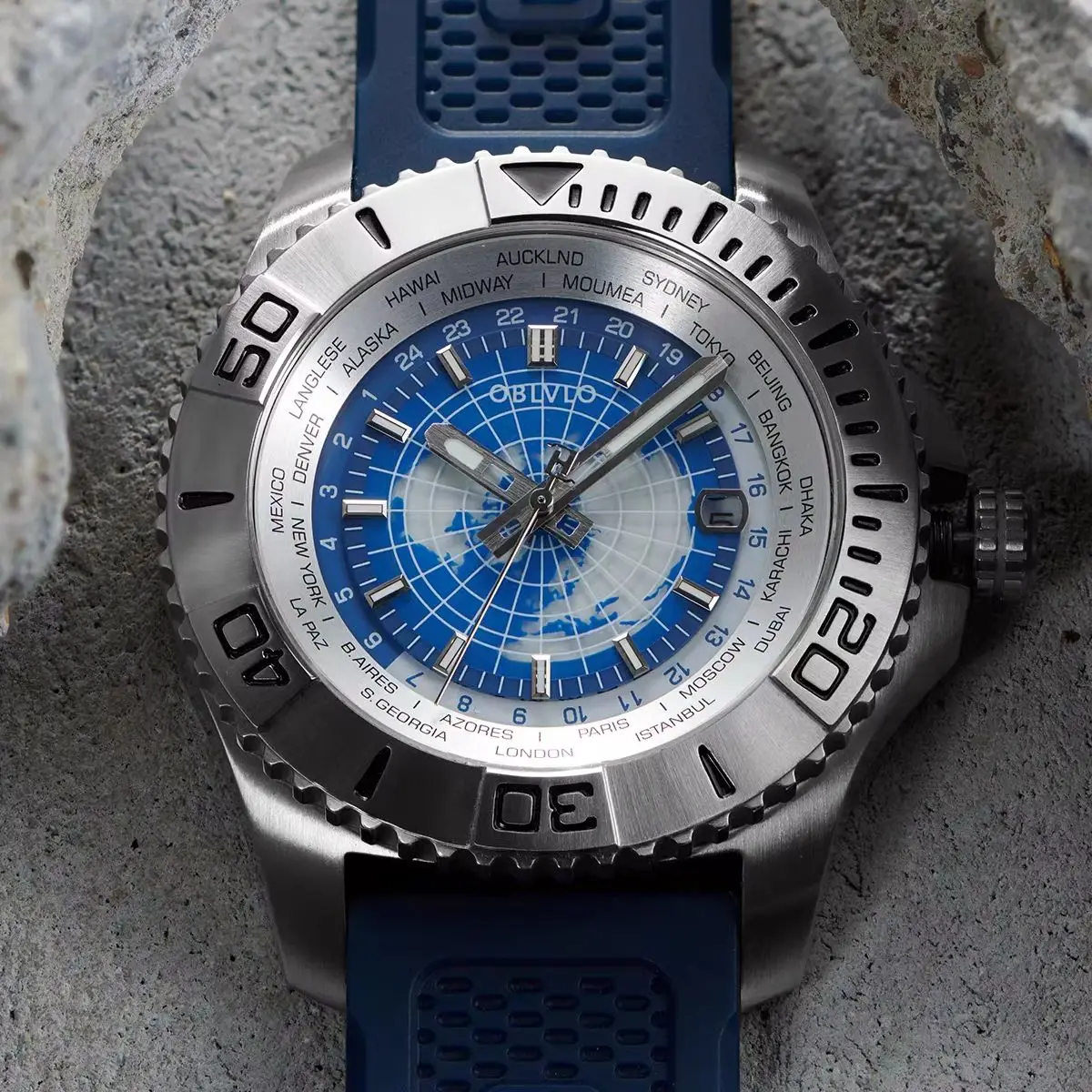 OBLVLO Men Automatic Watch 43.5mm Mechanical Wristwatch 100m Waterproof Sapphire Mirror Luminous Earth Dial Miyota Mov
