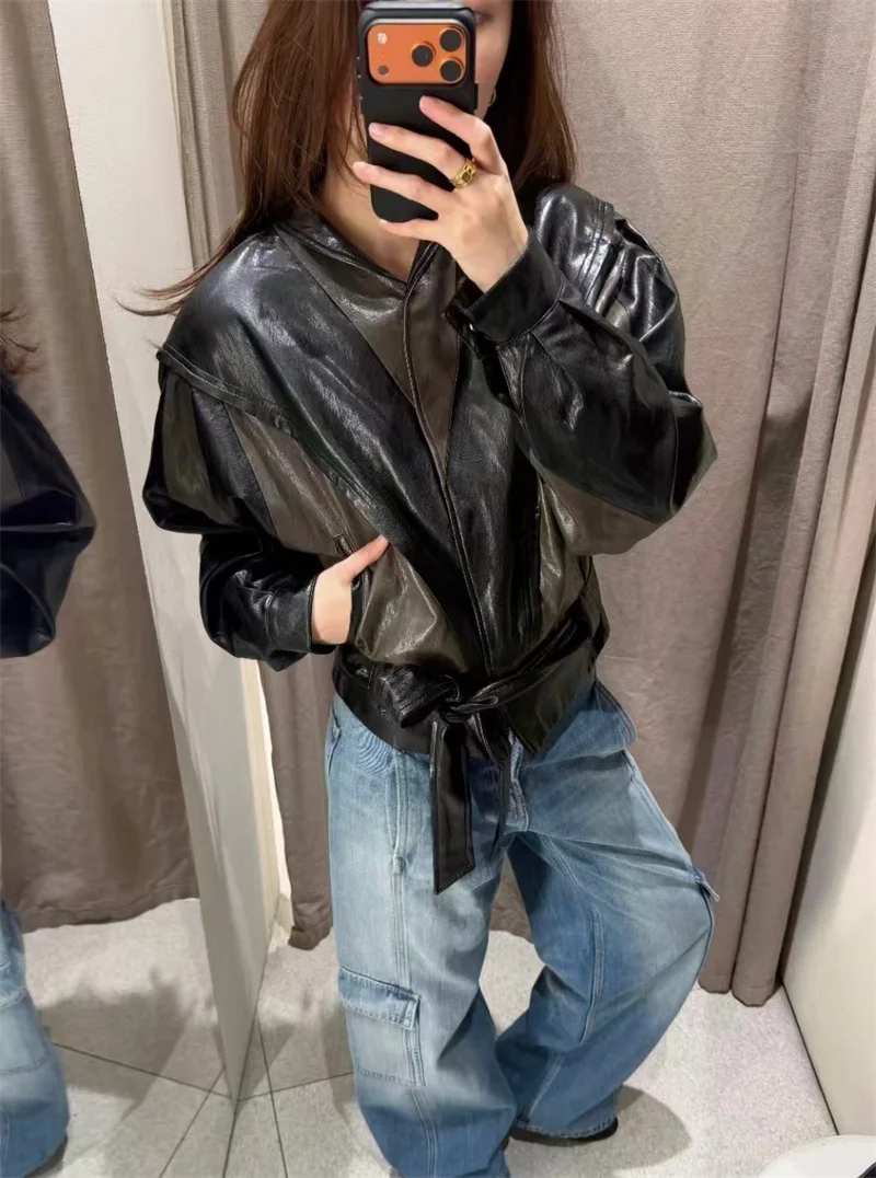 Guobioziy 2026 Women's Jacket Fall/Winter New Arrival Color-Block Long Sleeve Belted Faux Leather Motorcycle Loose Parka Stylish