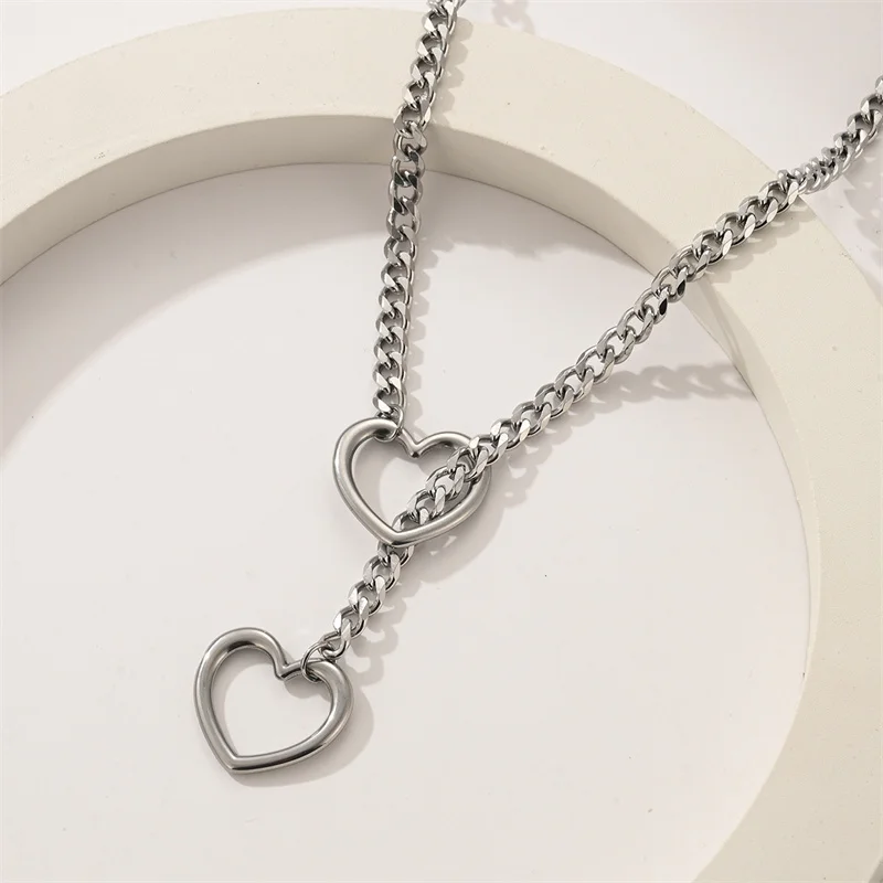 Vintage Hollow Heart Necklace for Women Girls Fashion Simple Y Shape Stainless Steel Long Pendant Toggle Necklace Jewelry Gift