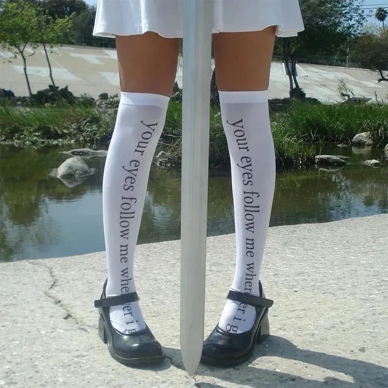Women Letter Text Print Thigh High Socks Aesthetic Quote Over‑the‑Knee Long Stockings Y2K Gothic Style Girls Fashion Socks