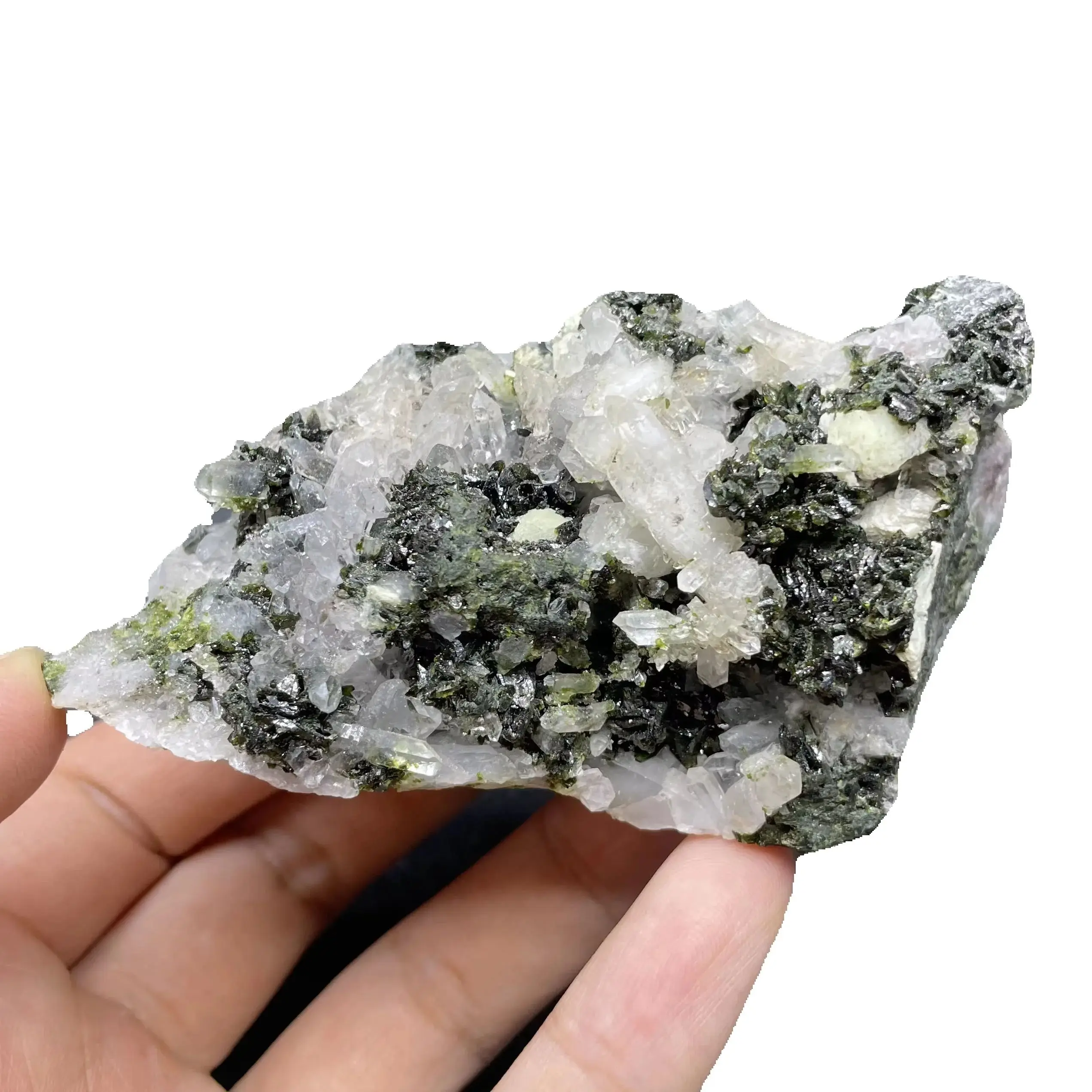 Natural Raw Stone Epidote Crystal Clear Quartz Cluster Mineral Specimen Rock Home Decoration Gift Healing