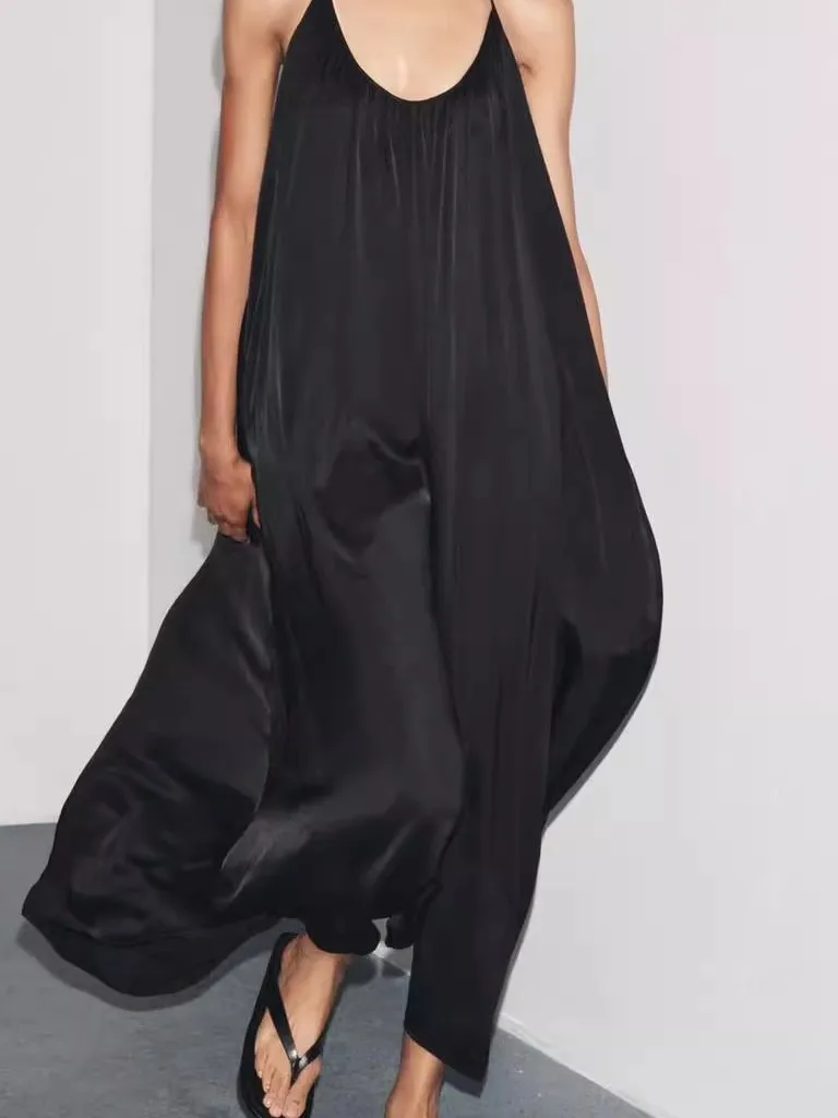 Zijde Satijn Bal Strap Dr Dames Losse Taille A-lijn Rok V-Ne Svel Casual Sle Zomer Faion Pendelen