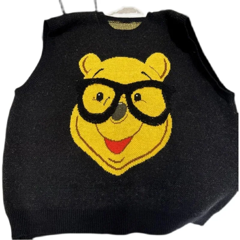 Fashion All-Match Loose Oversized Women\'s Closing Cartoon Bear Knitted Vest Female 2022 Spring and Autumn New V-neck Vest Top