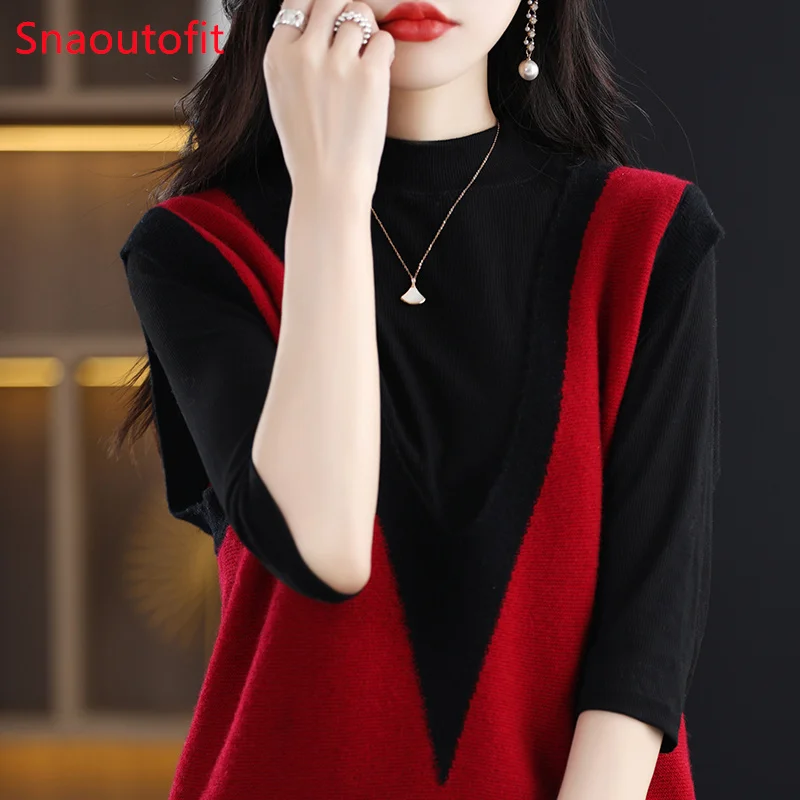 Sleeveless V-Neck Pure Wool Vest Women\'s 2023 Spring Knitted Pullover Fashion Match Color Cashmere Sweater Vest Loose Fold Top