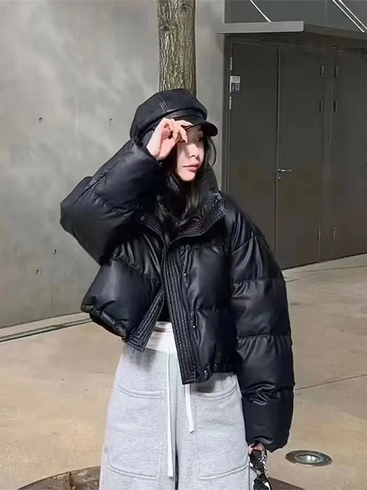 Women's ort PU Leather Cotton Jaet Bread Sle Coat Korean Version Loose Fit Winter Warm Thiened Zipper Closure Pure Color