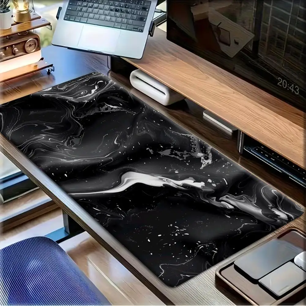 Large  Gaming MousePad Desk Mat Keyboard Pad Black White Liquid Marble Swirl Abstract Texture Non Slip Rubber Extended PC Laptop