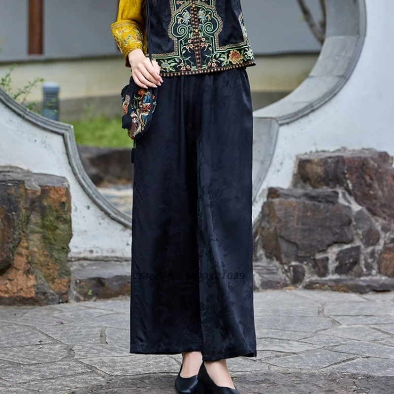 2025 pantaloni popolari vintage cinesi pantaloni jacquard in raso retrò pantaloni larghi etnici tradizionali pantaloni larghi in vita elastica