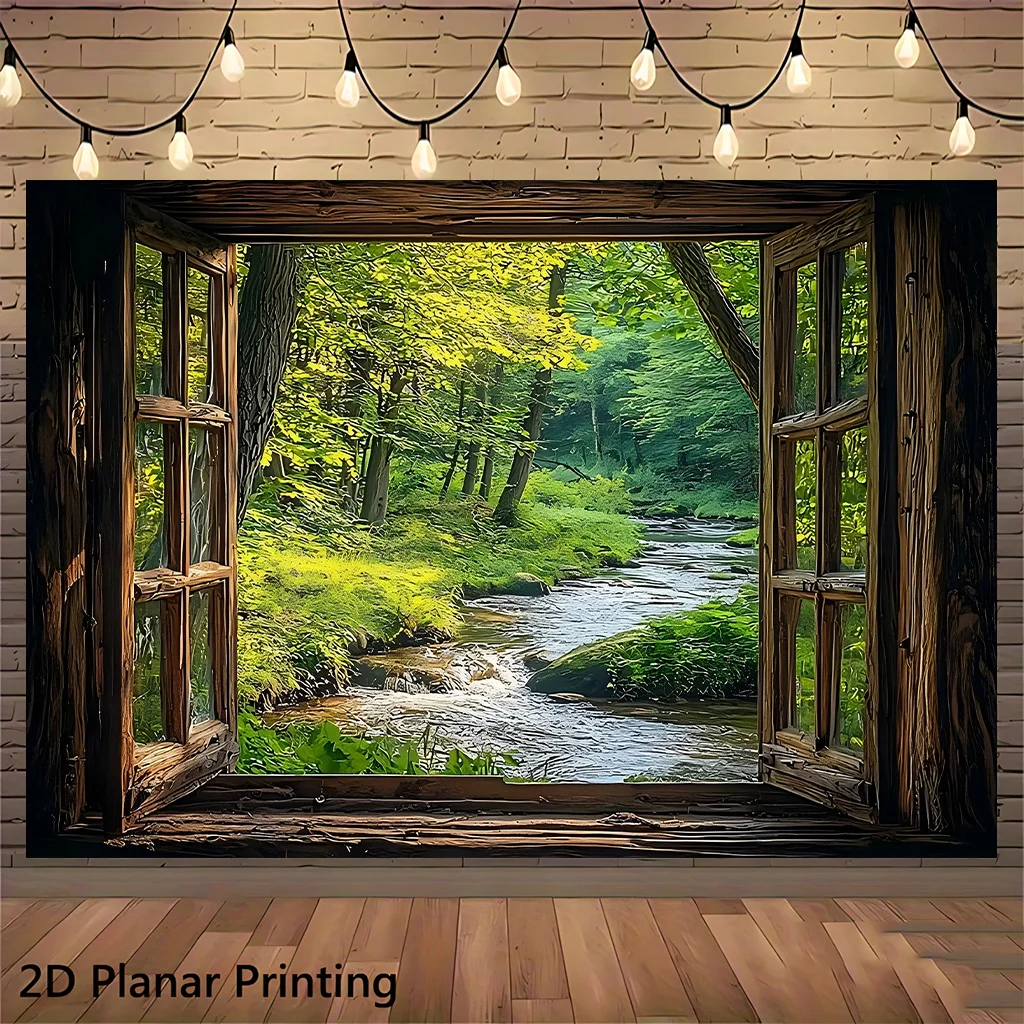 Vintage Window Frame Forest River View Nature Landscape Wall Tapestry Canvas Decor Print Polyester Rustic Home Gift Decoration A