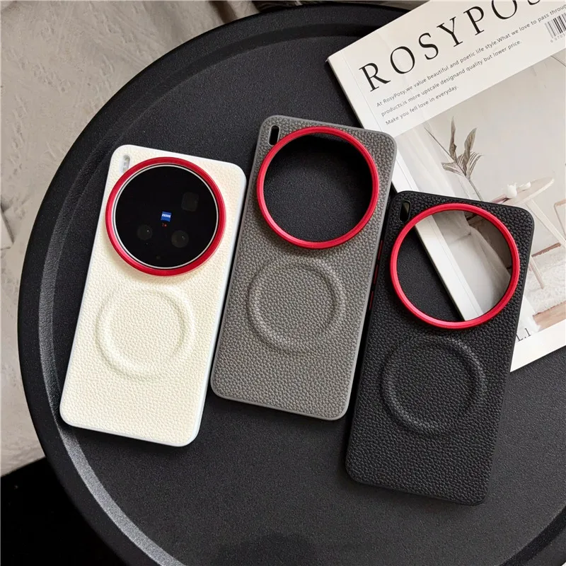 Funda Magnética de Cuero con Textura de Lichi de Alta Calidad para VIVO X300/200 Ultra Pro S Mini, Mate, con Bordes Suaves y Protección Anticaídas
