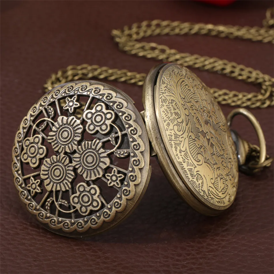 Vintage Bronze Butterfly Flower Hollow Cover Quartz Pocket Watch Arabic Numerals Display Necklace Watch Antique Clock