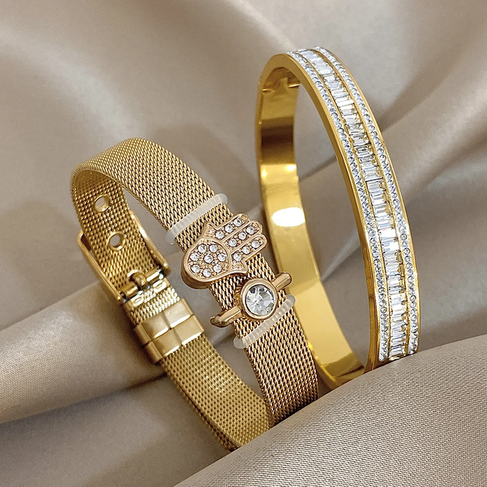 Modisches Edelstahl-Armband-Set mit Strasssteinen, vergoldet, Plam-geometrisch, offene Manschettenarmbänder für Damen und Herren, täglicher Schmuck