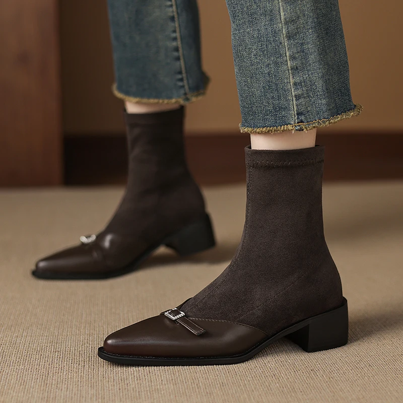 Winter 2026 Thick-heeled, Form-fitting Women's Pointed Mid-heel Shoes, Women's Suede Patchwork Ankle Boots, Sizes 33-43