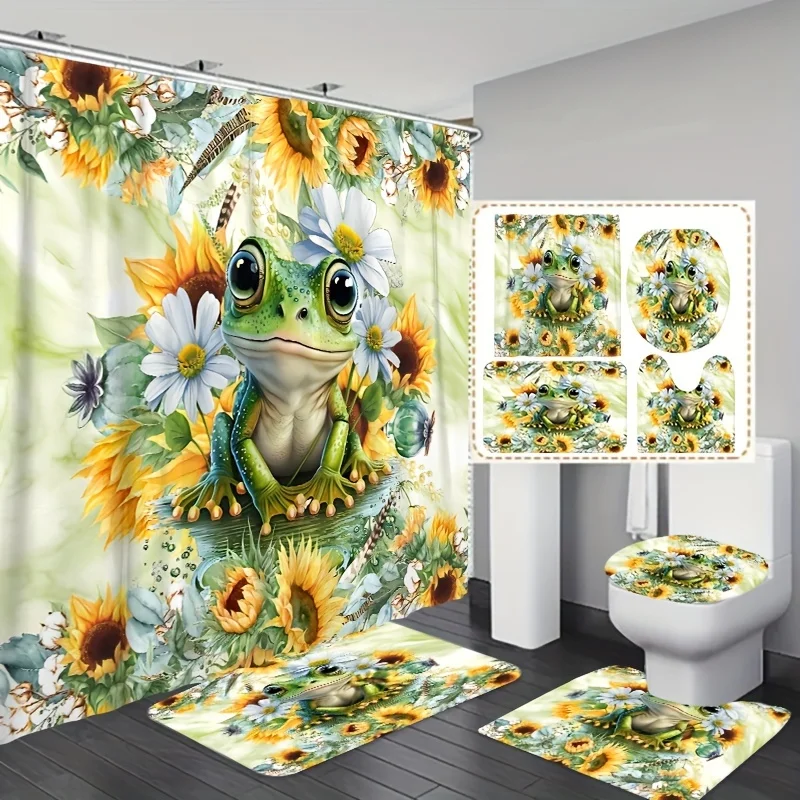 1/3/4PCs Sunflower & frog printed shower curtain set, waterproof shower curtains with 12 hooks, non slip carpet, toilet lid mat,