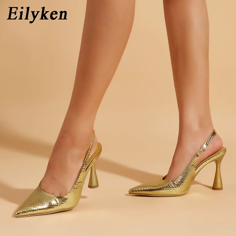 Eilyken Gold Silver Women Pumps Sandal Pointed Toe Ladiess High Heel Shallow Slip On Dress Party Shoes Zapatillas Mujer