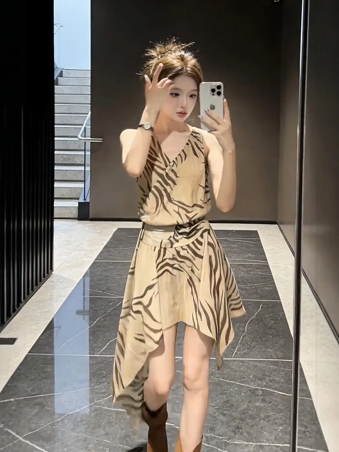 Vacation Vibes Zebra Print V-neck Strap Dress Women's Summer Asymmetric Design Long Dress High-end Feeling Romantic Style