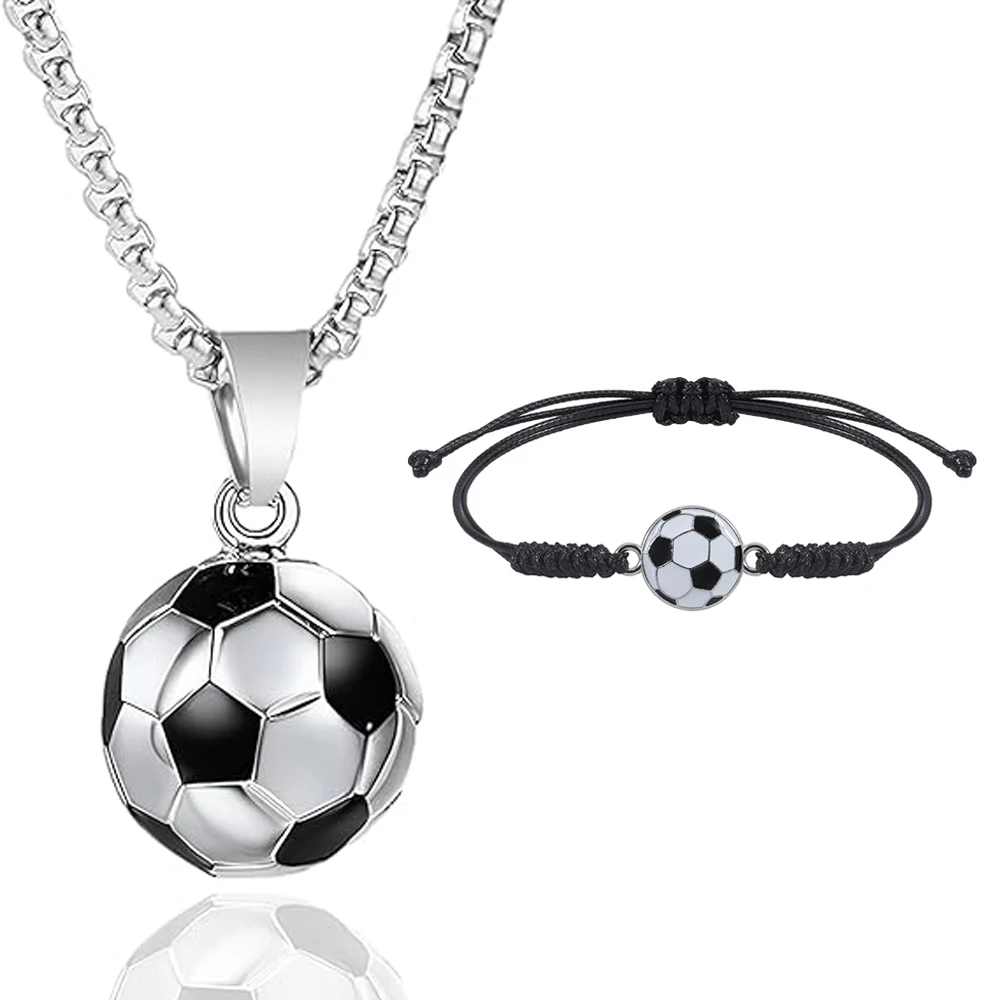 Football Stainless Steel Necklace and Bracelet, Soccer Pendant Necklace Drip Bracelets for Soccer Lovers, Couple ,Daughter ,Son