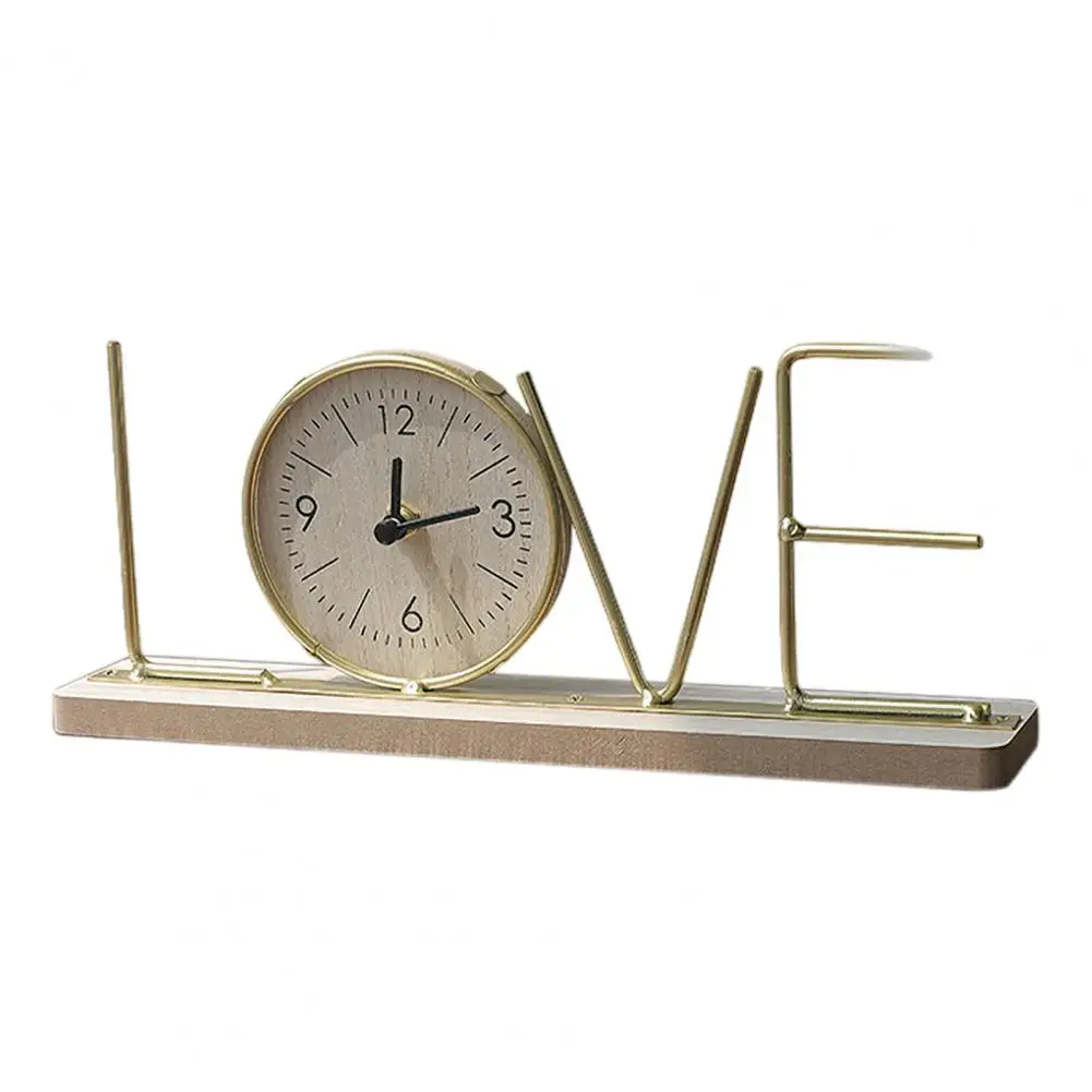 Wooden Base Clock Metal Frame Clock Modern Metal Love Home Clock with Wooden Base for Office Room Decor Non-ticking Silent