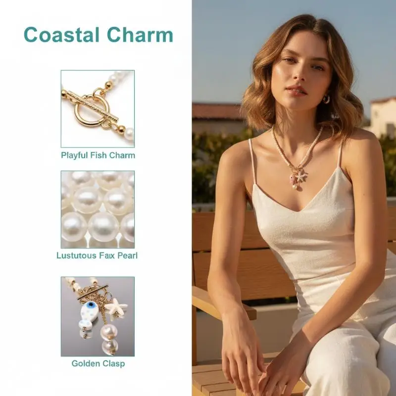 Nautical Style Pendant Necklace Bohemian Ceramic Fish Starfish Design Durable Summer Jewelry for Women Party Wear