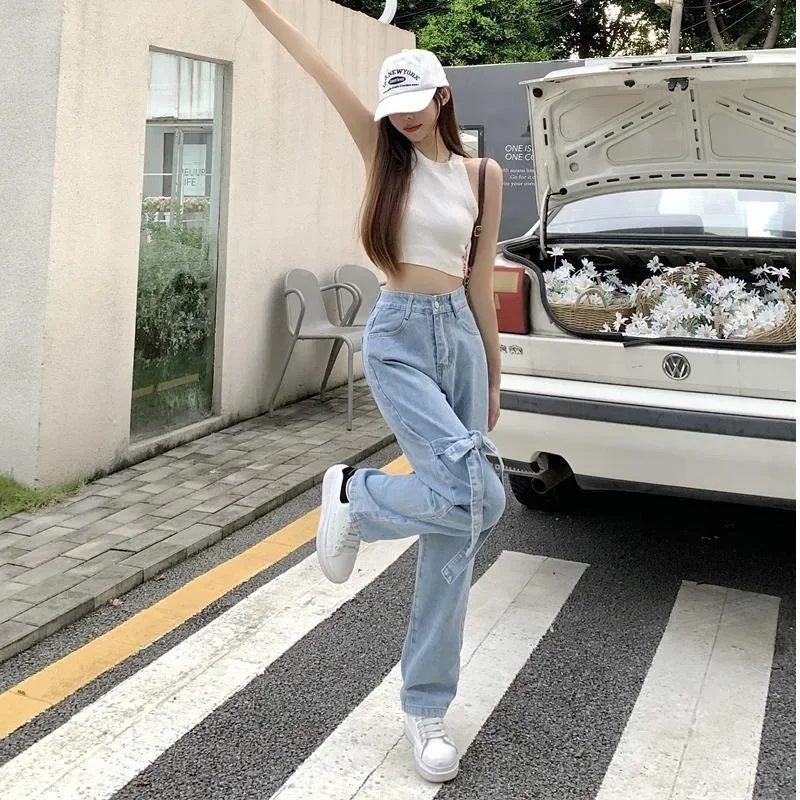 

Versatile Wide Leg Denim Pants Vaqueros Small Bow High Waist Personalized Design Japanese Jeans Women's New Straight Loose Slim