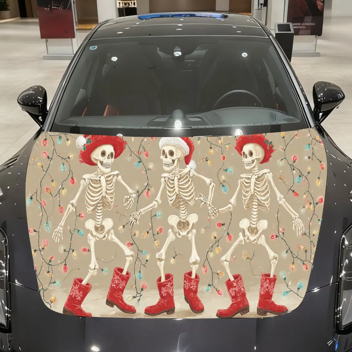 

Festive Santa Hat Skeleton Car Hood Wrap, Christmas Lights Skeletons Car Hood Vinyl for Holiday Car Look, Waterproof and Self-ad