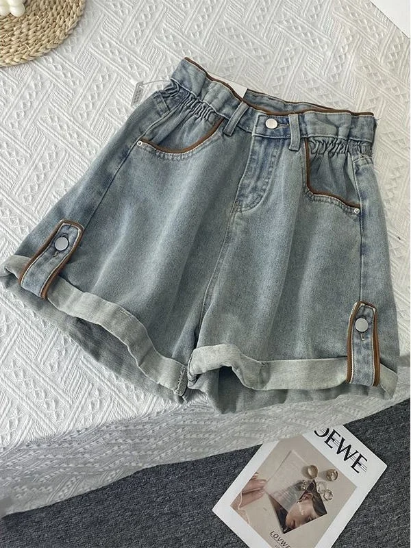 

Женские летние джинсовые шорты с высокой талией и отворотами, новые, свободные, приталенные, А-силуэт, модные, широкие, повседневные, синие джинсы