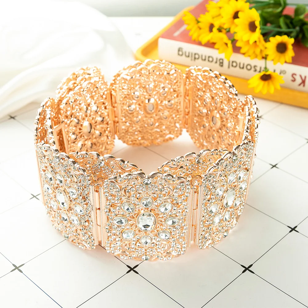 Luxury Wedding Bride Rhinestone Belt Jewelry Big Size Full Crystal Waist Chain Shiny Metal Gold Body Chain Ornaments Gife