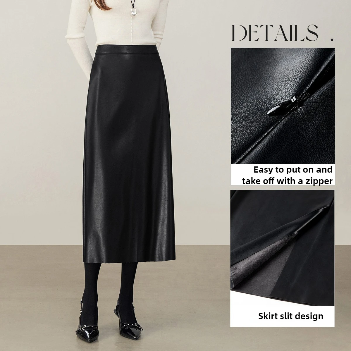 Spódnice ze skóry ekologicznej SENTUBILA, damskie, zimowe 2025, z wysokim stanem, zapinane na zamek, proste, eleganckie, do pracy, midi, długie, model 154QO3965