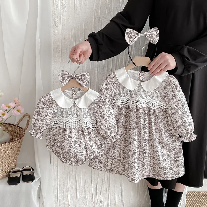 Little Sister Big Sister Princess Outfit Baby Girl and Sister Matching Floral Clothes Collar Newborn Toddler Bodysuit Kids Dress
