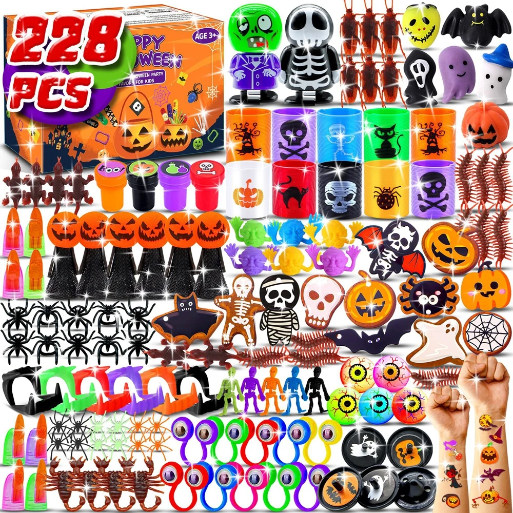 228個入りハロウィンパーティー用品キット、トリックオアトリートバッグ詰め物、ハロウィンおもちゃ、デコレーション用ギフトボックス付き