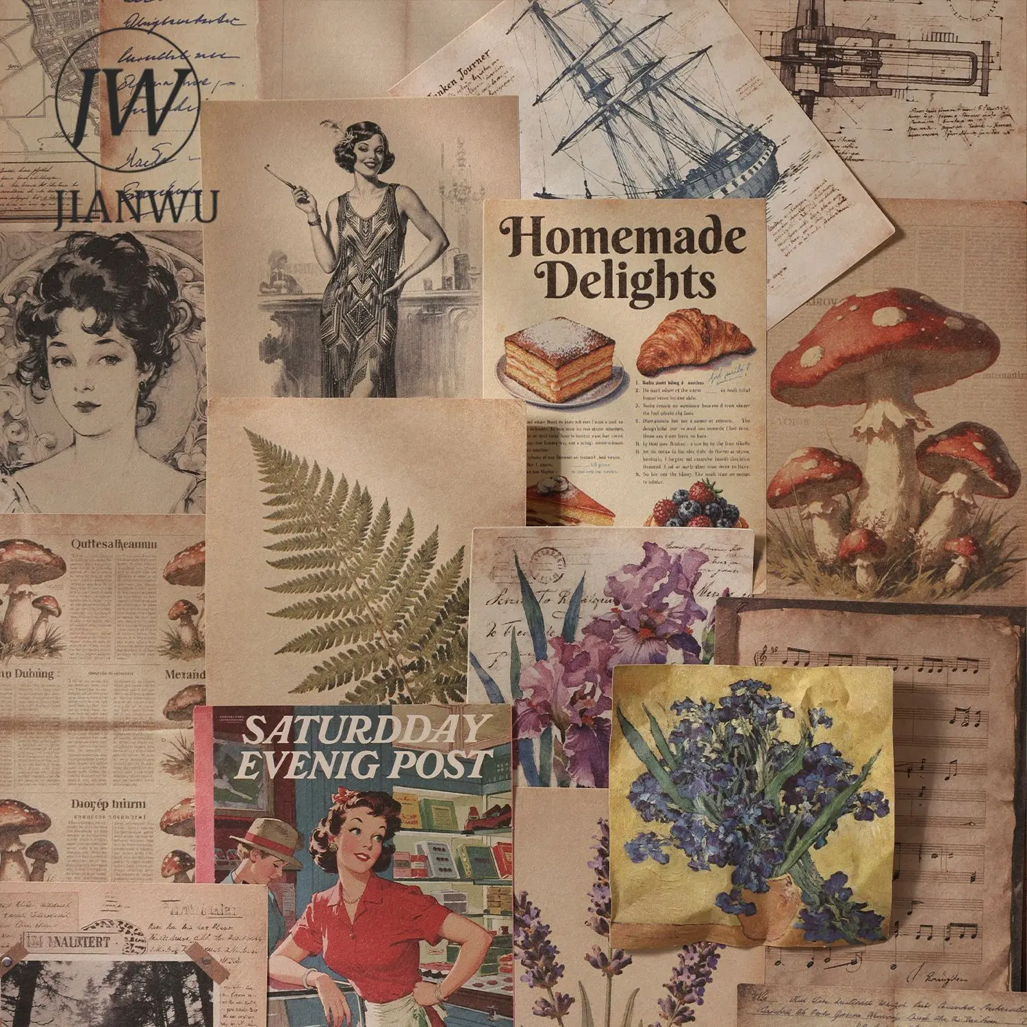 JIANWU Vintage Plant Butterfly Character Border Landscape Collage Scrapbooking Material Package Creative Junk Journal Stationery