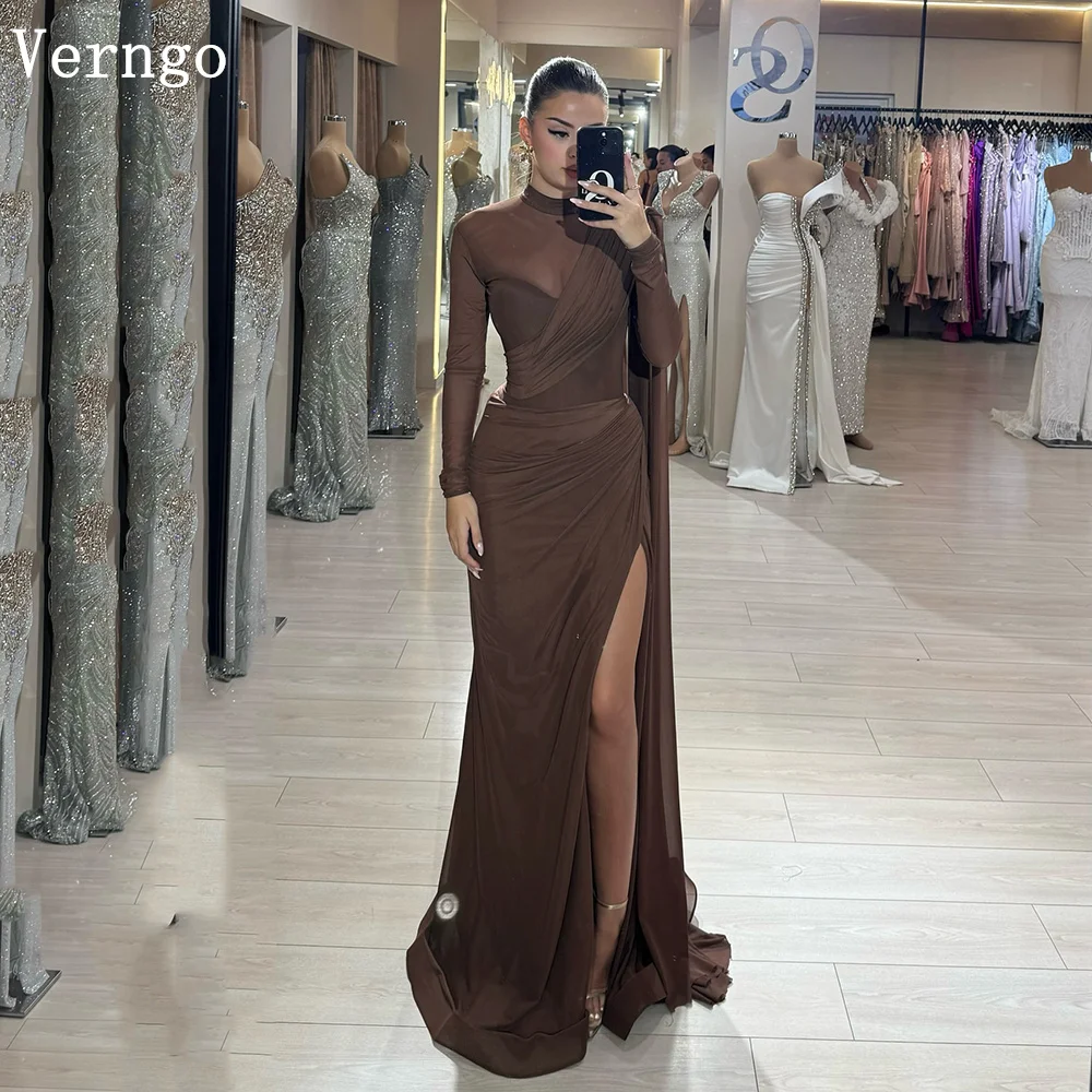 

Verngo Brown Chiffon Evening Dress High Neck Full Sleeves Mermaid Prom Gowns Sexy Side Slit Arabia Party Dress Customized
