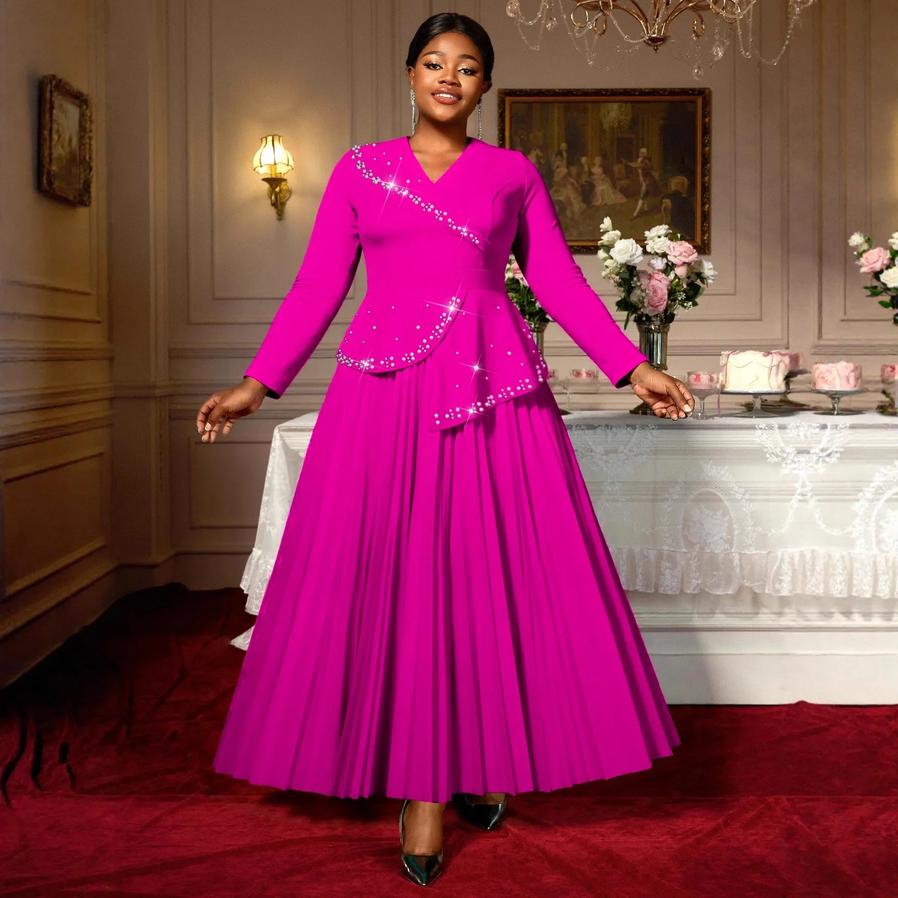 African Party Evening Long Maxi Dresses for Women Autumn Long Sleeve V-neck Polyester Dresses Outfits Dashiki Africa Clothing