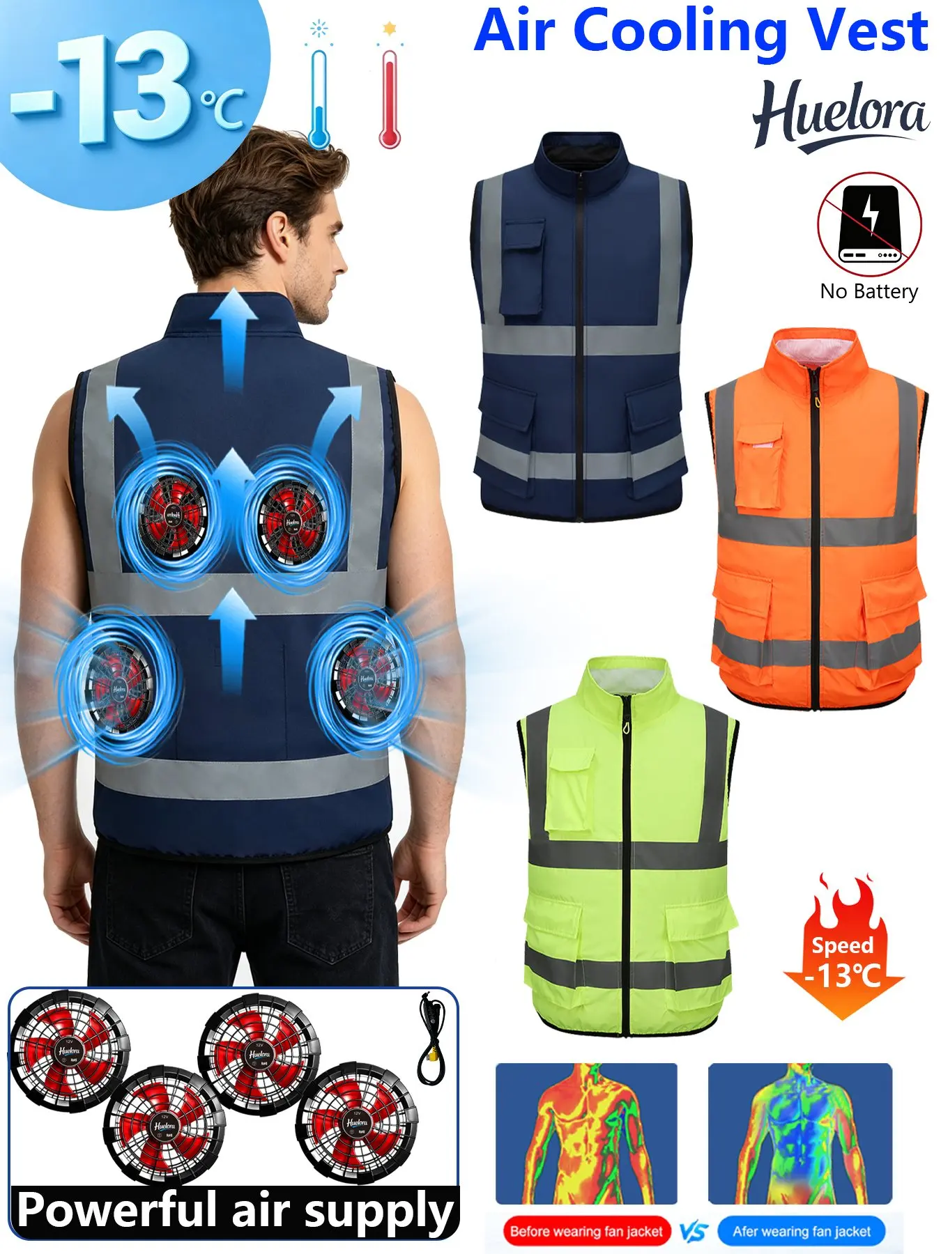 Air Cooling Vest, 4-3-2 Back Built-in USB Fans,Stand Collar Multi Storage Pockets, for Traffic Construction Warehouse Labor Work
