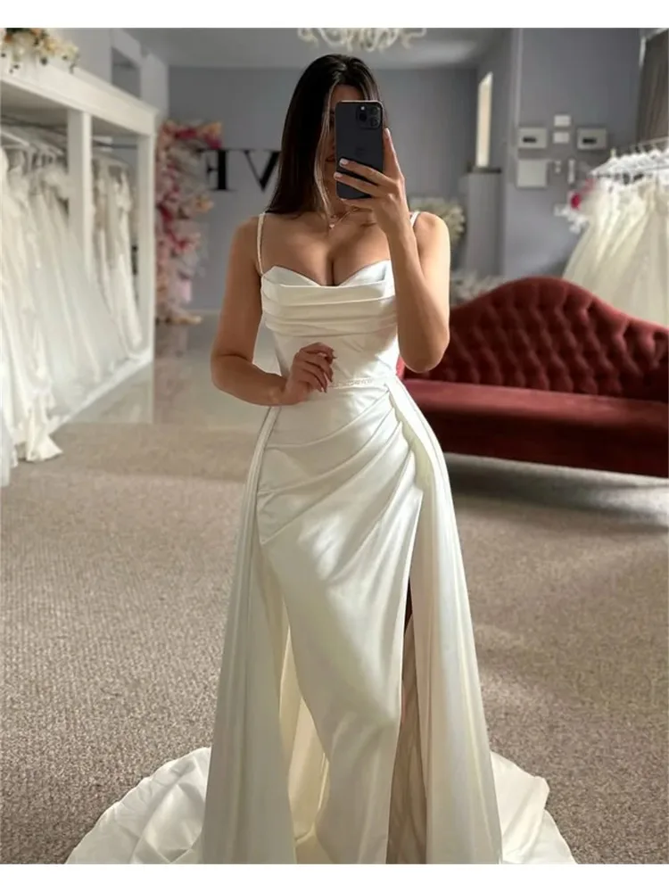 Sexy Spaghetti Straps Pleat V-neck Satin Mermaid Wedding Dresses Side Slit With Detachable Train Bridal Gown Rode De Morrie