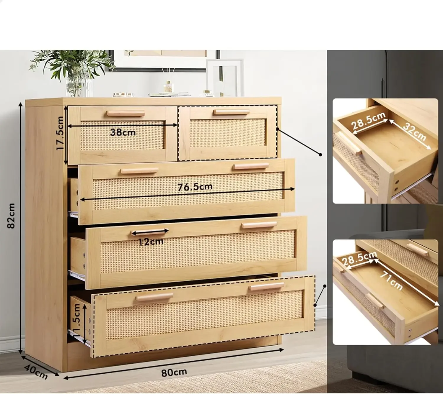 Rattan Dresser with 5 Drawers Hallway Tallboy, Bedroom Chests of Drawers with Handles, Living Room Side Cabinet Standing Storage
