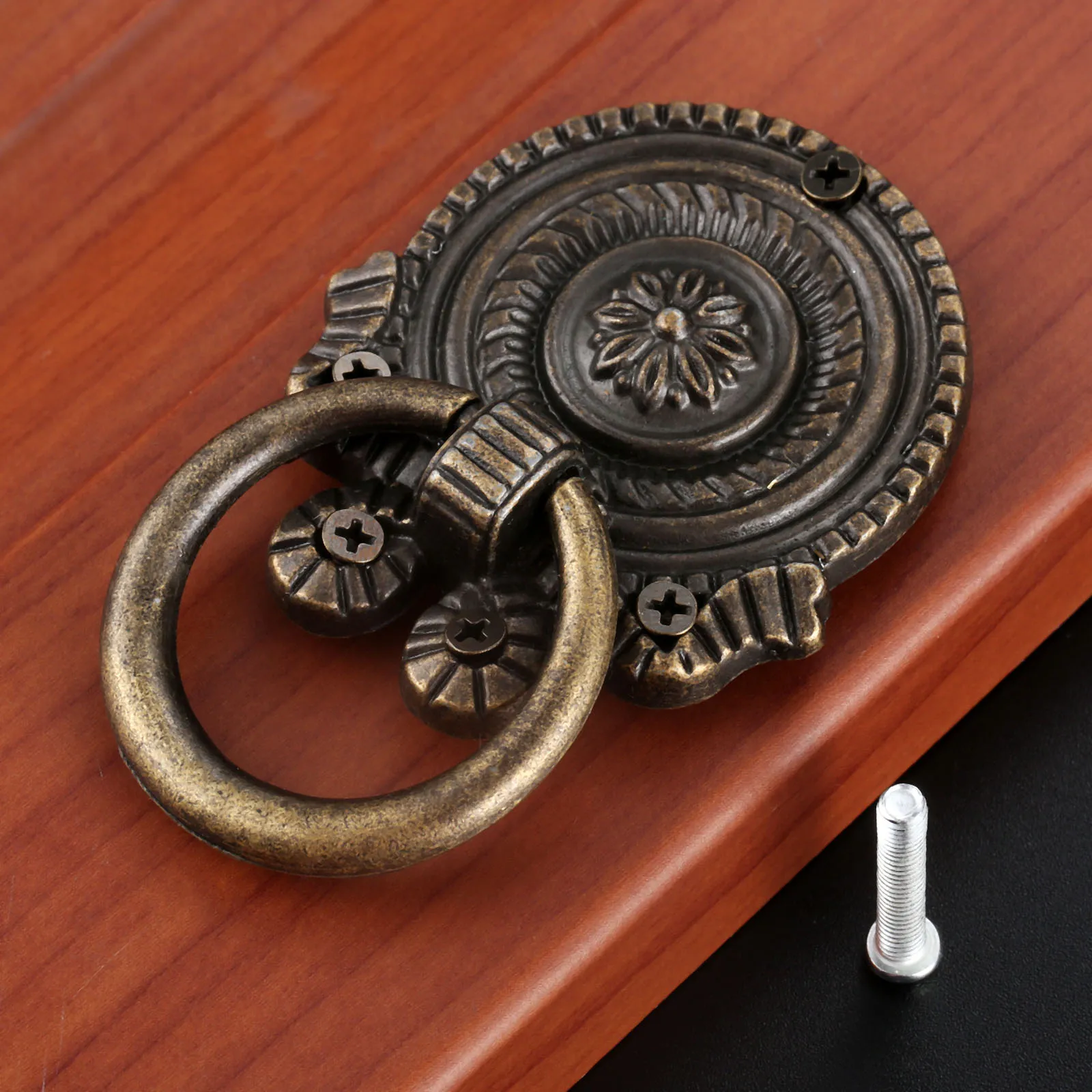 4pcs Ring Knob 65*50mm Single Hole Antique Bronze Retro Style Pattern Pull Handles w/screw Decor Cabinet Drawer Chest Wood Box