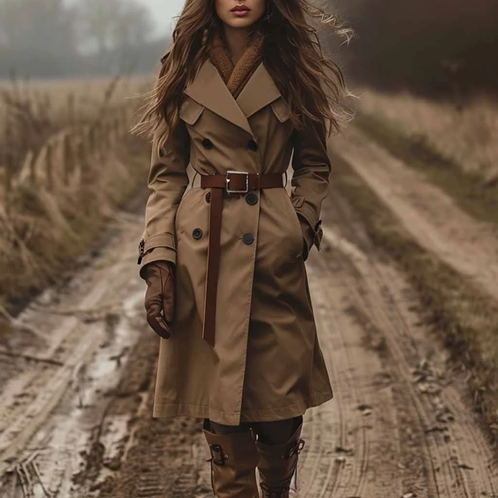 Elegant Long Trench Coat Women Pocket Double-Breasted Full Sleeve Solid Color Windbreaker 2025 Autumn Lady Street Outwears New