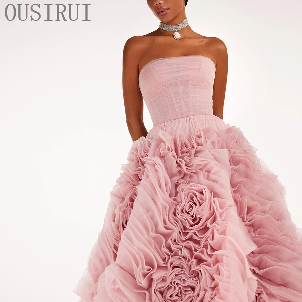 OUSIRUI Luxury Short Evening Dresses for Women Wedding Party 2024 New Elegant Pink Backless Midi Formal Prom Gowns With Flowers