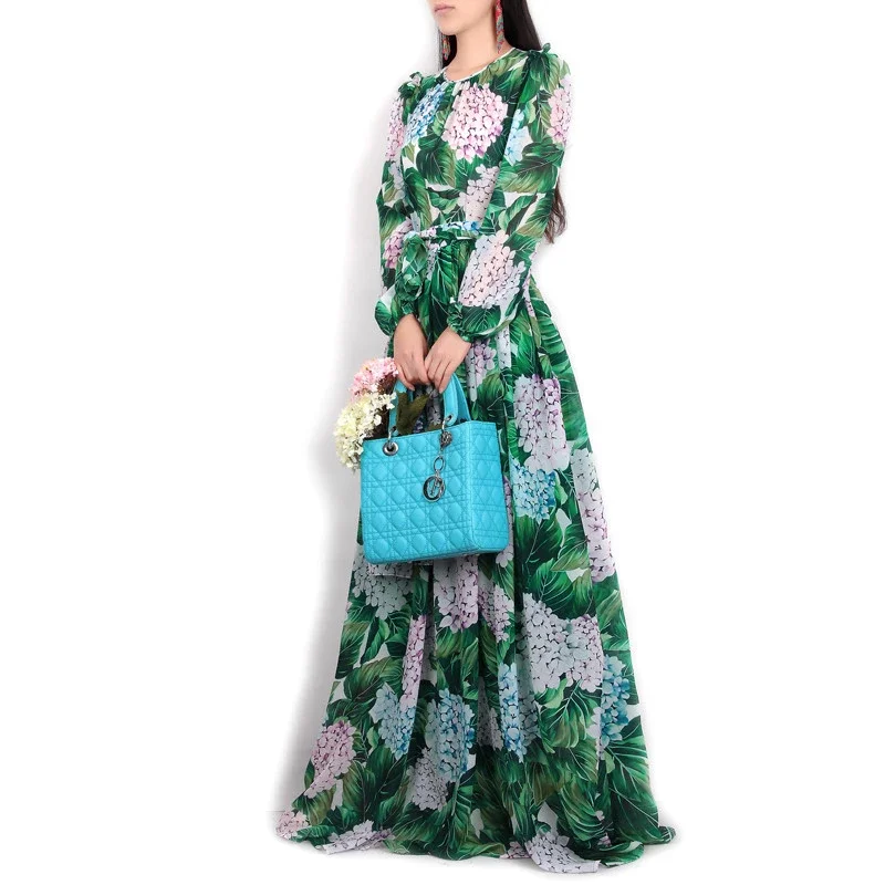 2023 New Summer Runway Long Sleeve Casual Bohemian Party Holiday Green Leaves Floral Printed Long Maxi Dresses For Women