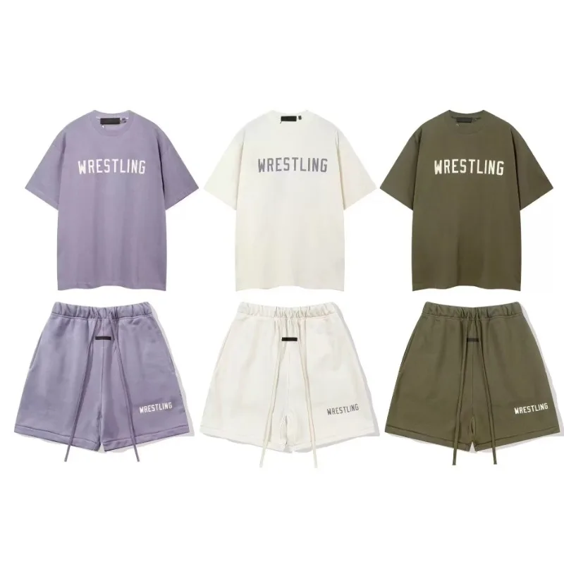 

FW24 Luxury Design Chest Printed Letter Short Sleeve Classic Brand Double Line Men's Round Neck T-shirt High Street Couple Set