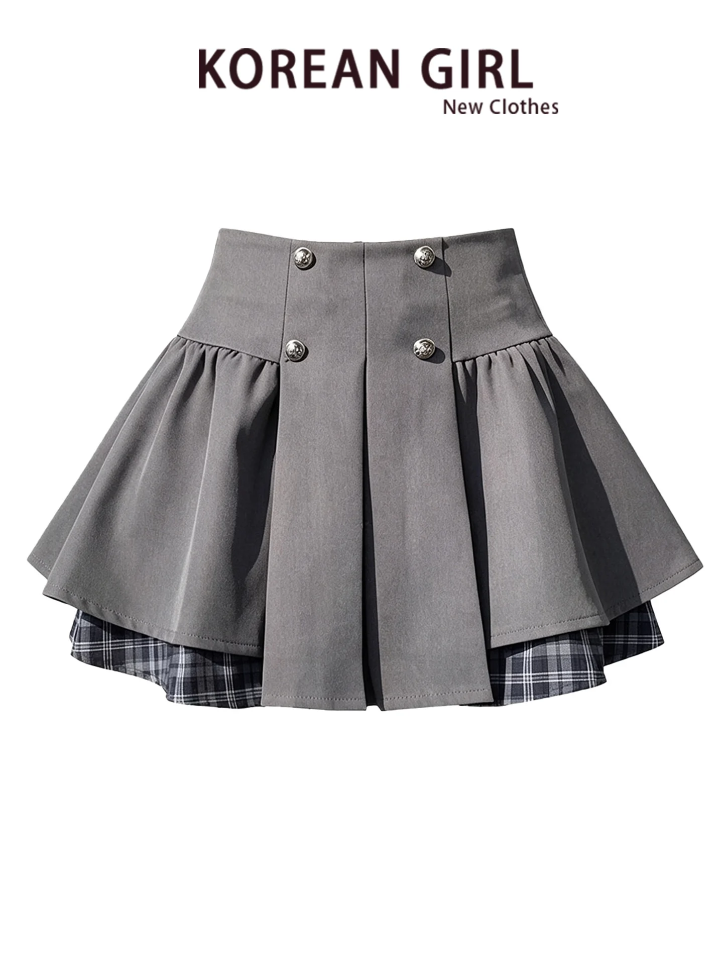Gray Plaid A-Line  Skirt Women's Autumn Design Sense Pleated Half Body Suit Casual Breathable No Filling Teenager mid Waist