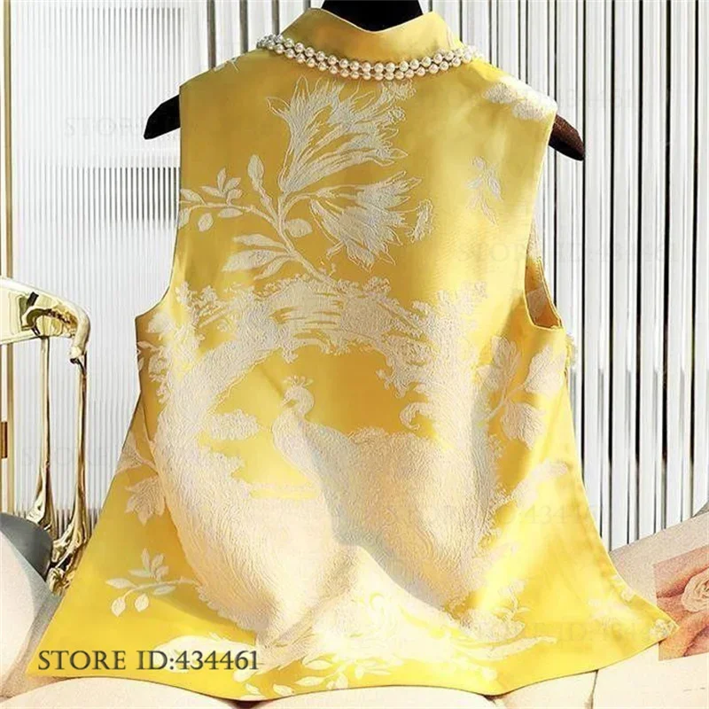 

Summer Sexy Sleeveless Jacket Chinese Style Cheongsam Vest Women Jacquard Mandarin Collar Cheongsam Waistcoat Cardigan Big Size