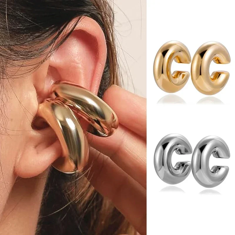 Oversize Chunky Round Circle Clip on Earrings For Women Vintage Fake Piercing Metal Ear Clips Thick Earclips Jewelry Party Gifts