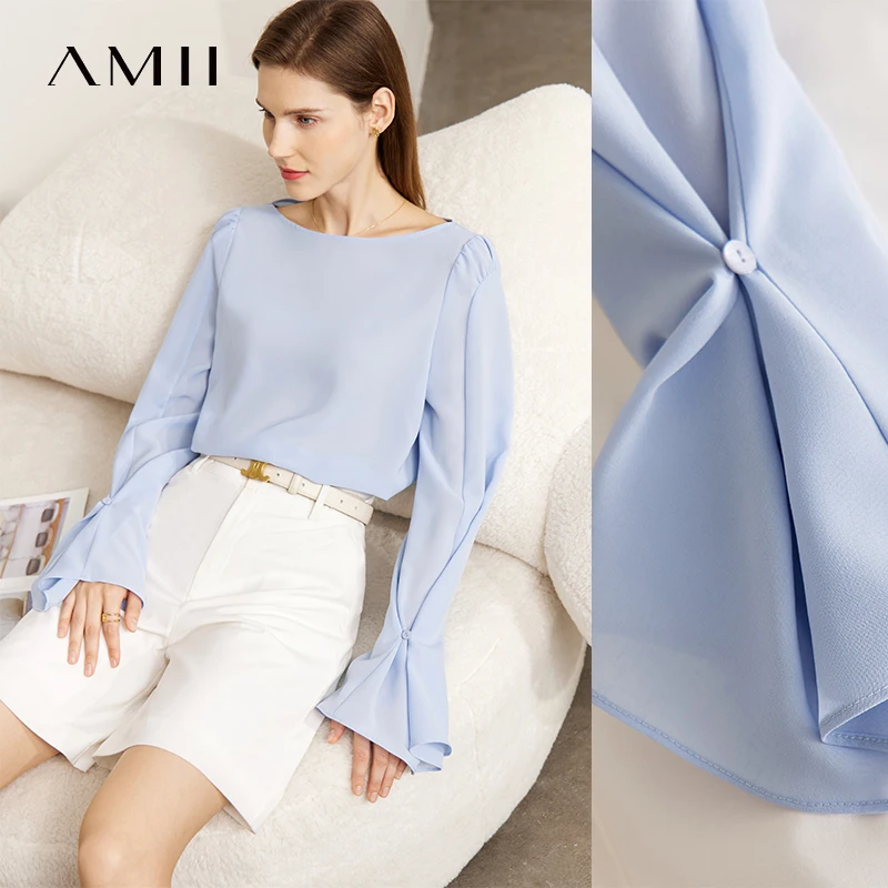 AMII Elegant Autumn Blouses Women New 2025 Solid Slash Neck Long Flare Sleeve Chiffon Shirts Female Fashion Office Lady 12541168