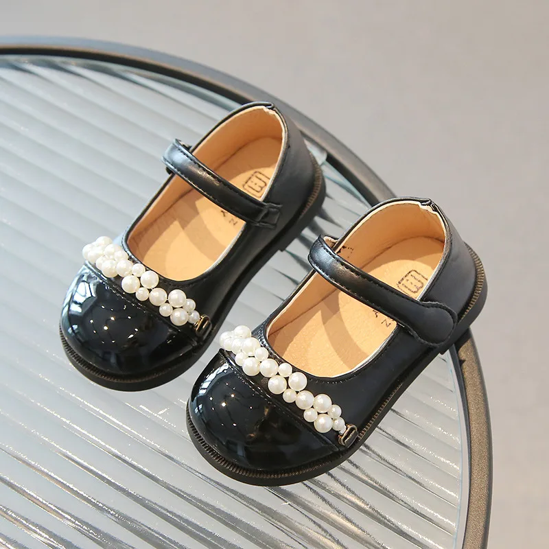 Children Mary Janes Elegant Girl's Leather Shoes Black White Spring Autumn Fashion Pearl Toddler Kids Princes Shoes CSH1541