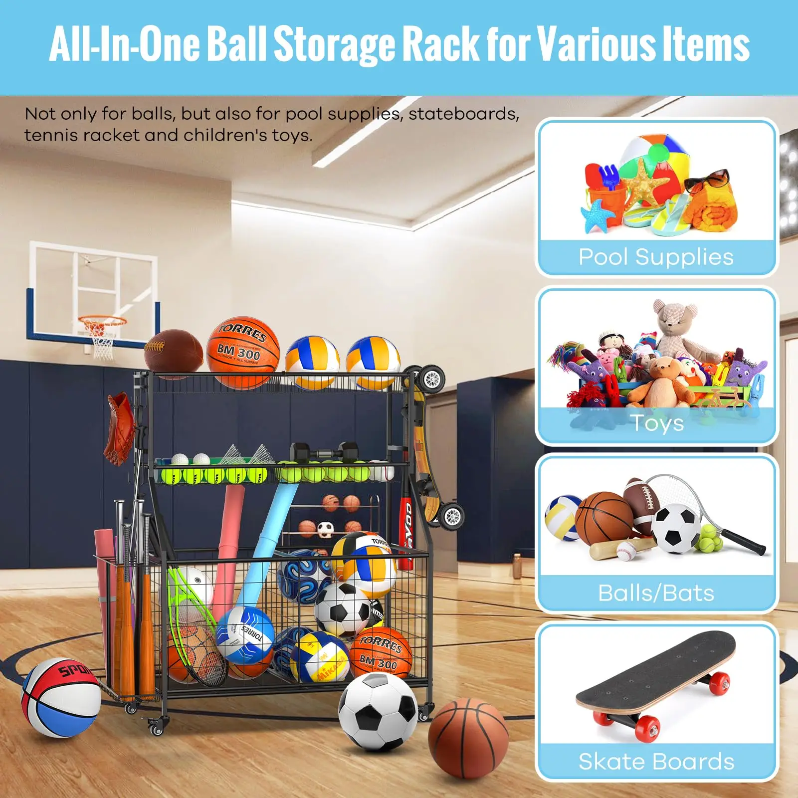 رف تخزين كرة المرآب المنظم للمعدات الرياضية مع خطافات سلة وعربة دوارة لتخزين المعدات الرياضية