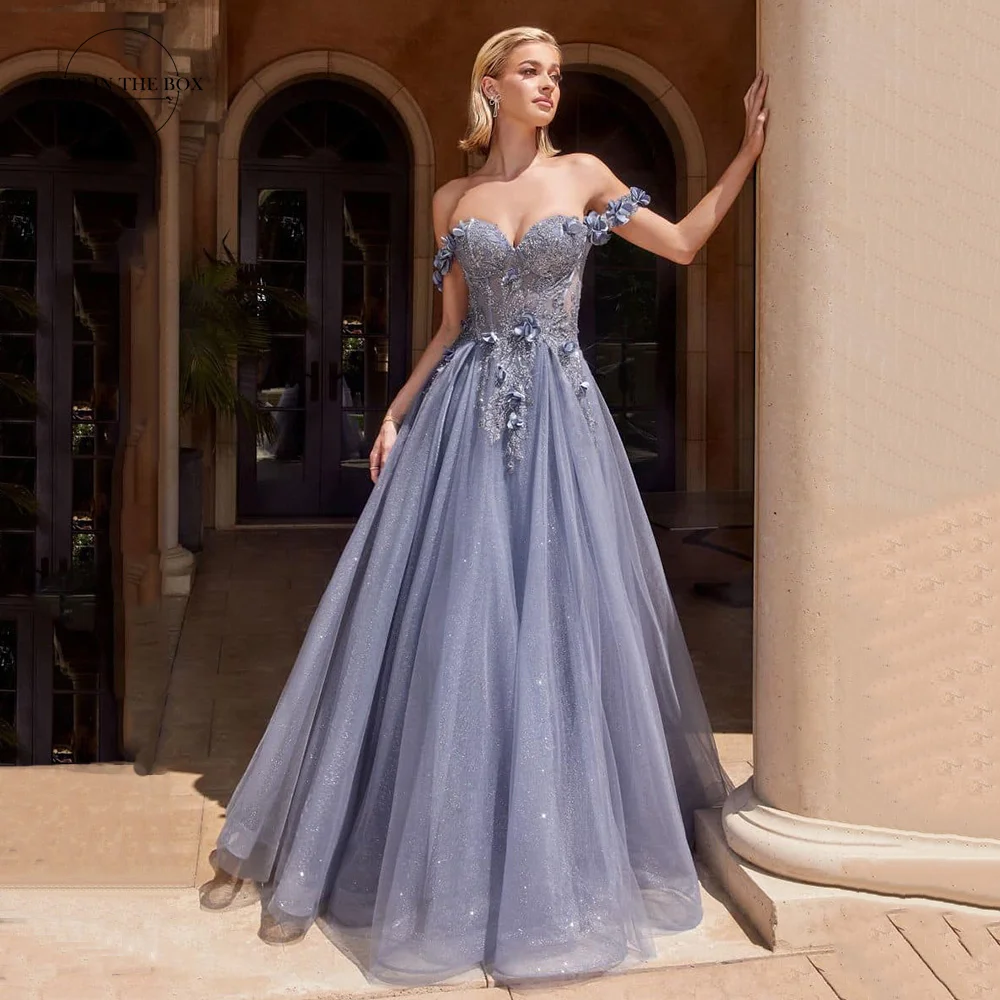 Elegant Off-Shoulder Long Prom Dresses For Women 2024 Glitter Tulle 3D Flower Appliques Formal Occasion Evening Party Gowns