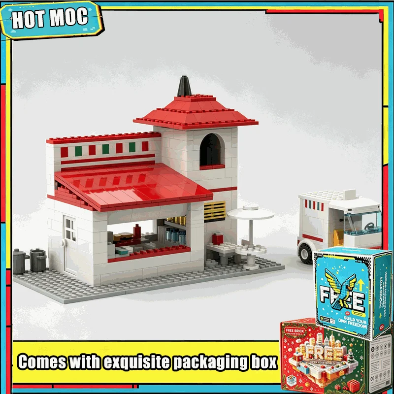 696 Parts Pizza Shop City Street View Modular MOC Model Building Blocks Set DIY Assembly Food Truck Educational Creative Gifts