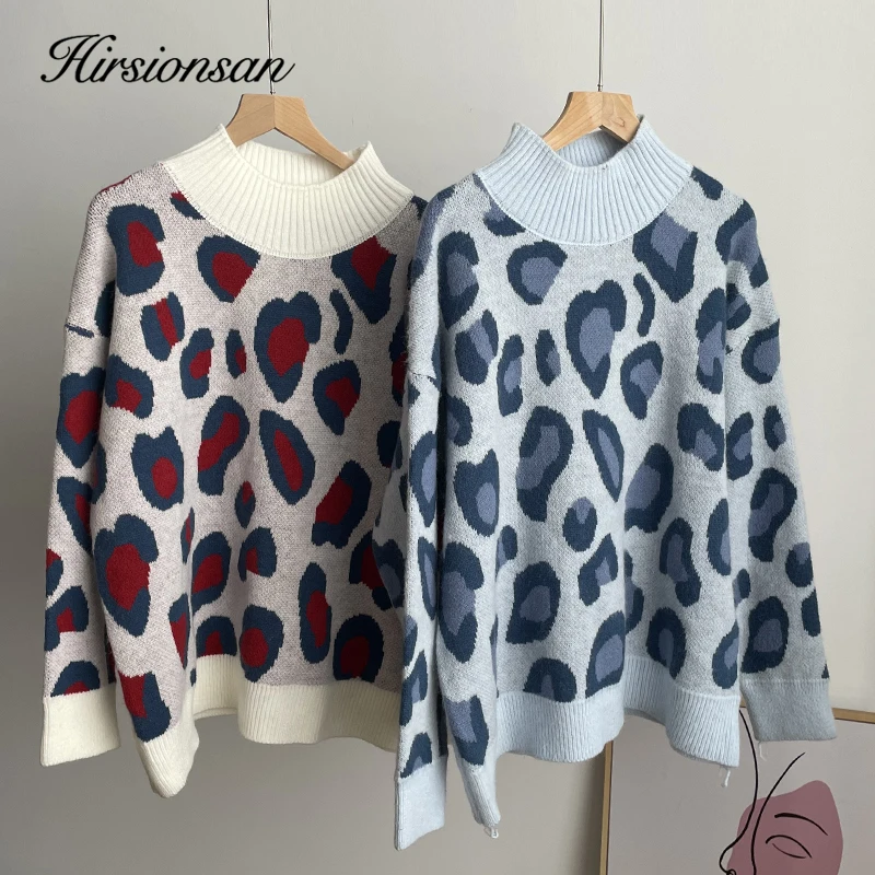 Hirsionsan Winter Women Sweater Leopard Print Basic Knitted Turtleneck Oversize Pullovers Jumper Vintage Warm Clothes for Lady