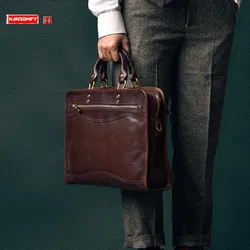 Retro Genuine Leather Men's Briefcase Shoulder Handbags Laptop Bag Imported Vegetable Tanning Leather Portable Travel Bags